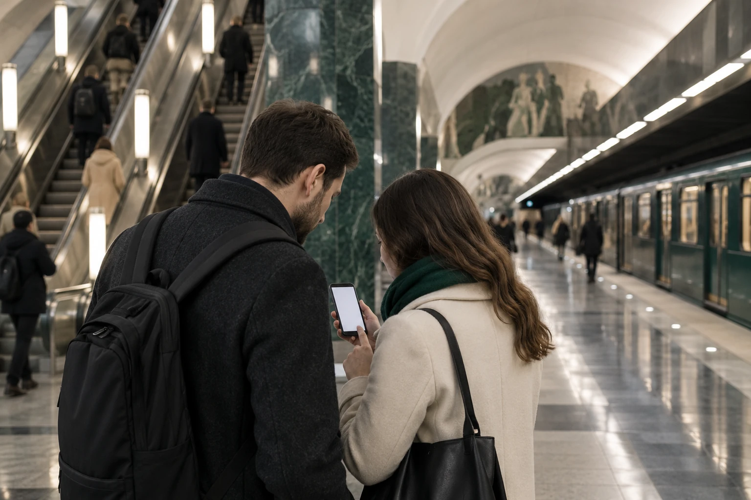 Пассажиры уточняют пересадку на платформе метро