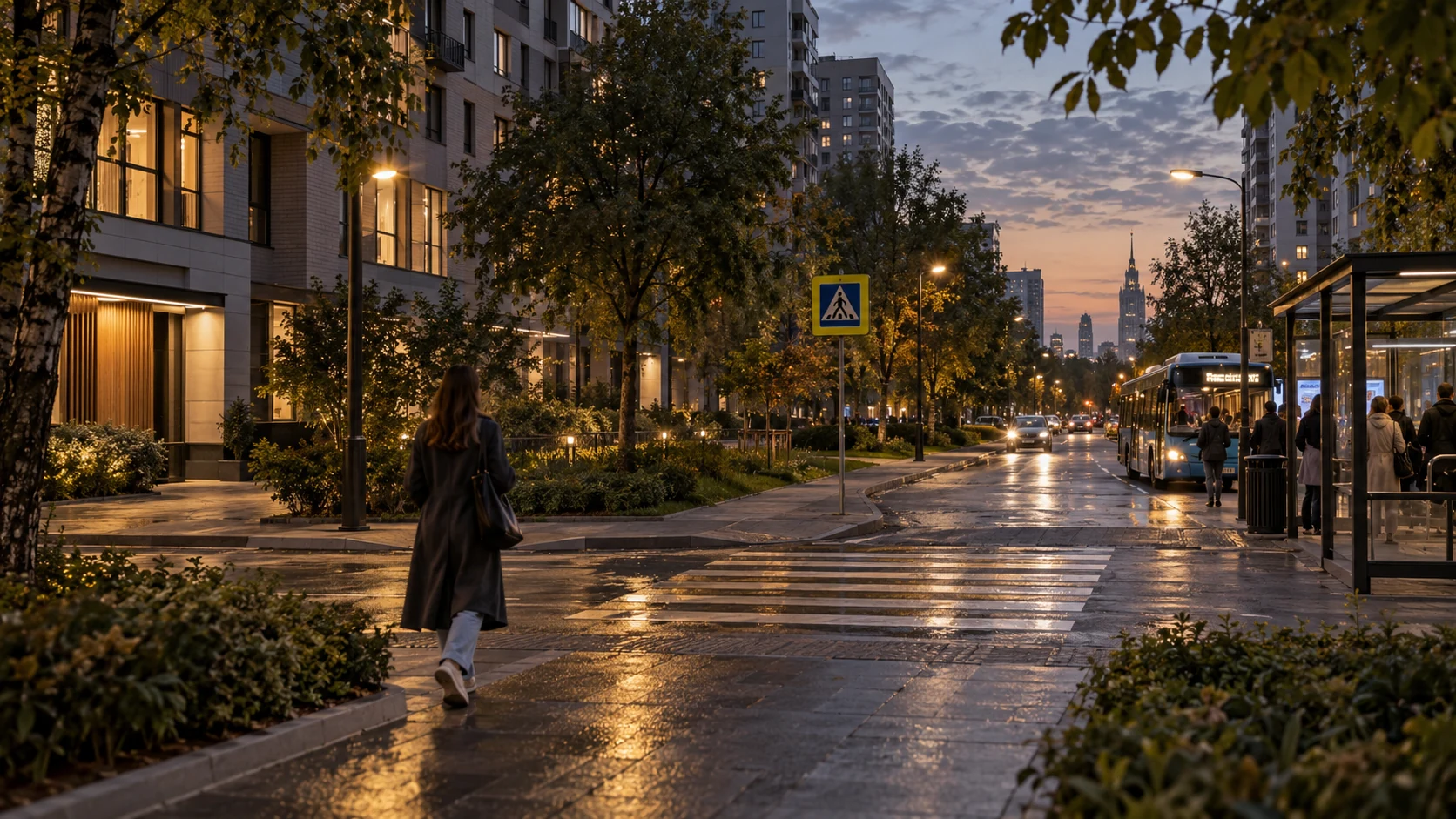 Пешеход проверяет вечерний путь от жилого дома к остановке