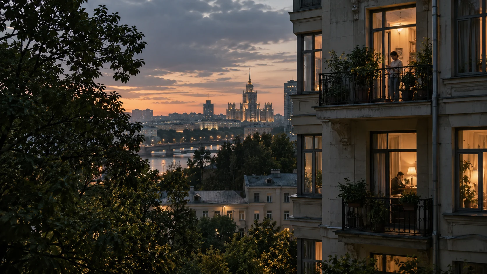 Жилой дом с балконами на фоне вечернего города и реки