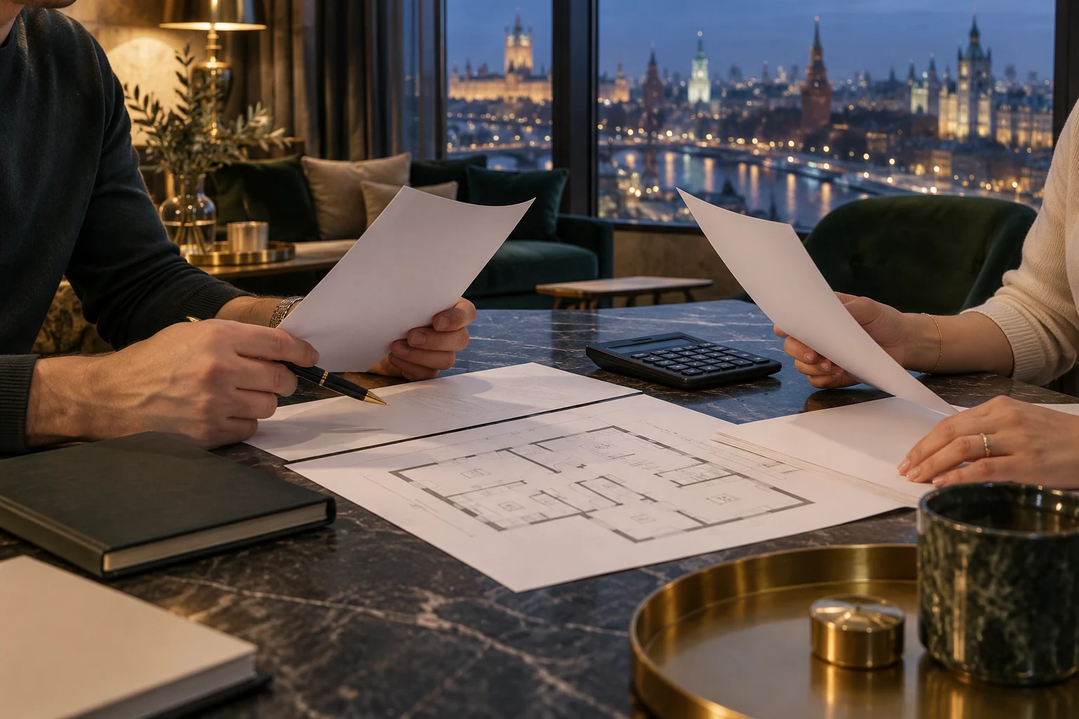 Двое покупателей держат листы бумаги над планировкой квартиры с калькулятором на столе