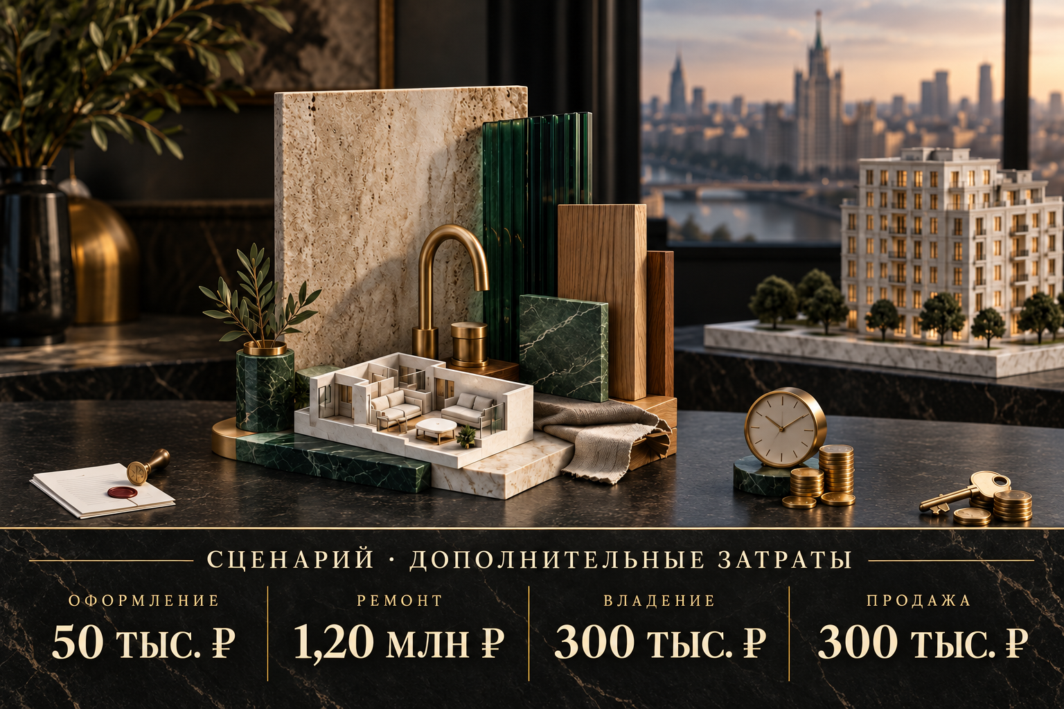 Условные дополнительные затраты на флиппинг: оформление 50 тысяч рублей, ремонт 1,2 миллиона, владение и продажа по 300 тысяч рублей