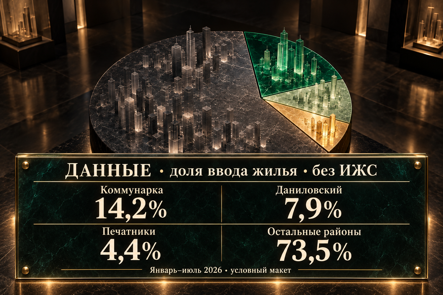 Доли ввода жилья Москвы без ИЖС за январь–июль 2026 года: Коммунарка 14,2 процента, Даниловский район 7,9, Печатники 4,4, остальные районы 73,5 процента; композиция условная