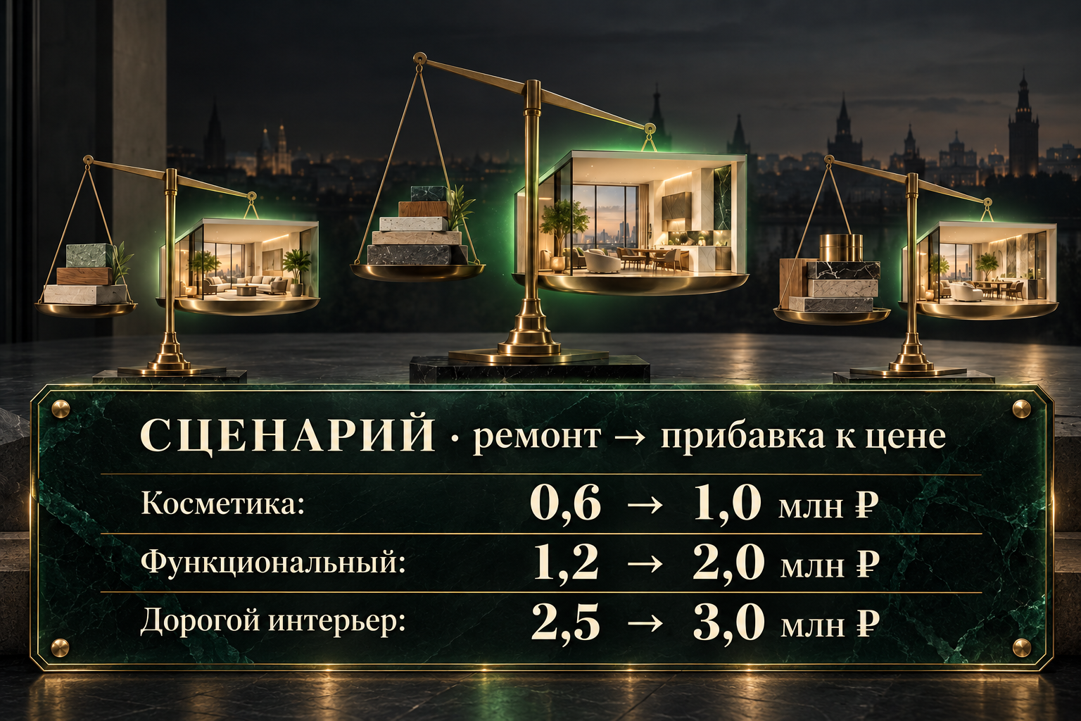 Условная стоимость ремонта и прибавка к цене продажи в миллионах рублей: косметика 0,6 и 1,0; функциональный 1,2 и 2,0; дорогой интерьер 2,5 и 3,0