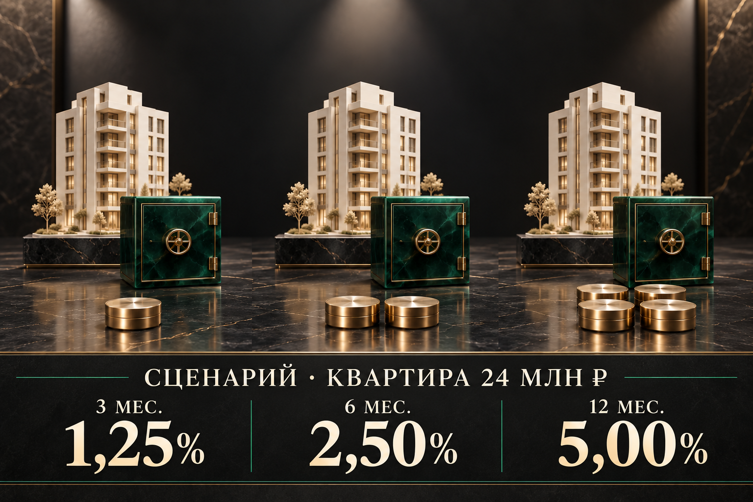 Резерв на ожидание при условной цене квартиры 24 миллиона рублей: 1,25 процента на три месяца, 2,5 процента на шесть и 5 процентов на двенадцать
