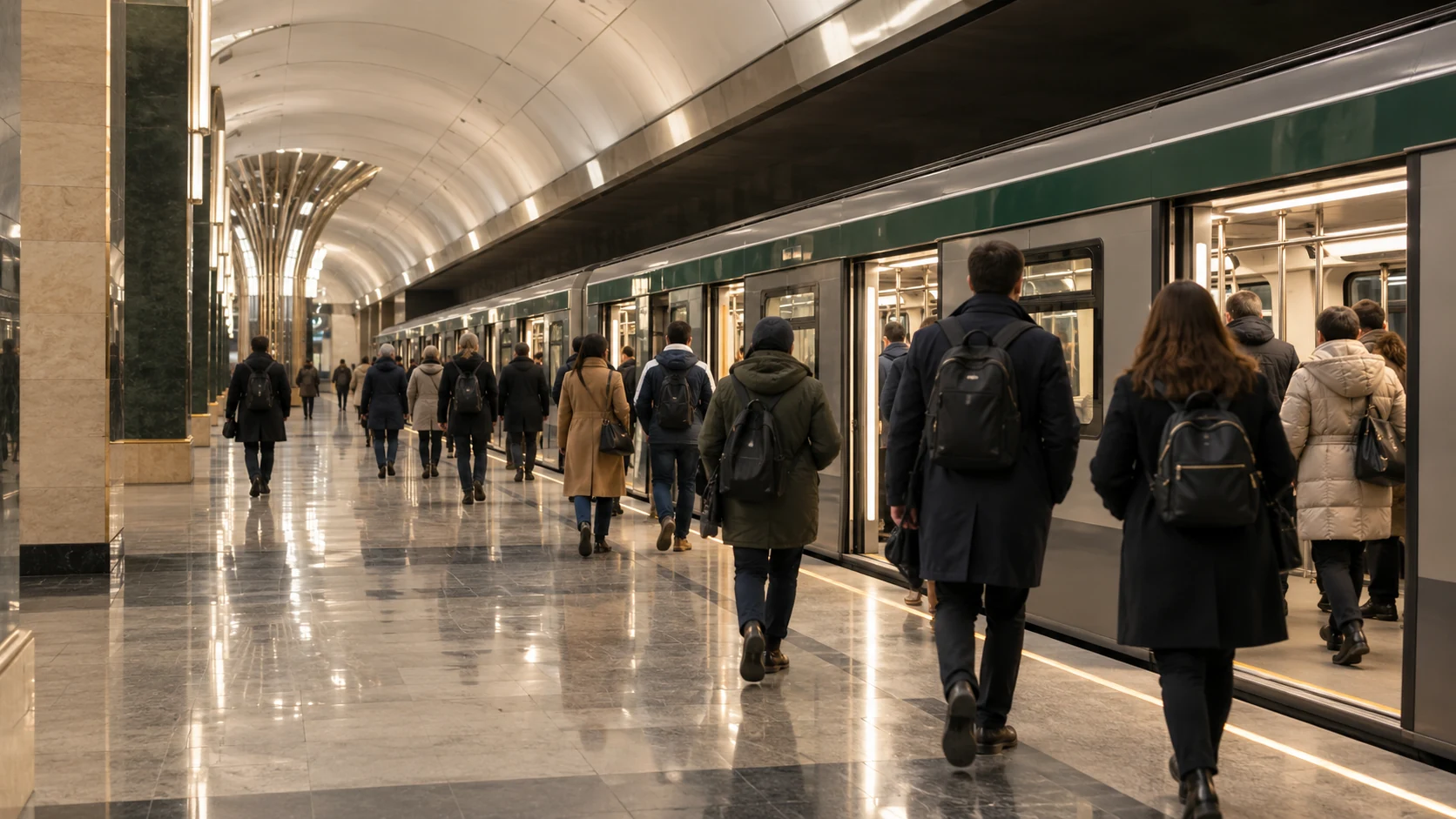 Пассажиры ожидают поезд на собирательной платформе метро